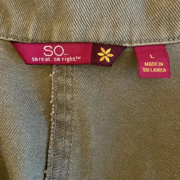 SO Olive Green Cotton Denim Jacket Gold Floral L - Picture 8 of 9